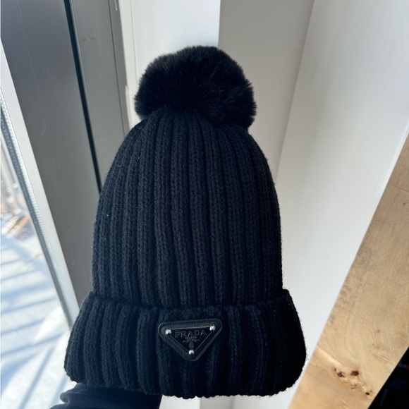 Prada Black Knit Beanie with Pom Pom - Picture 1 of 4